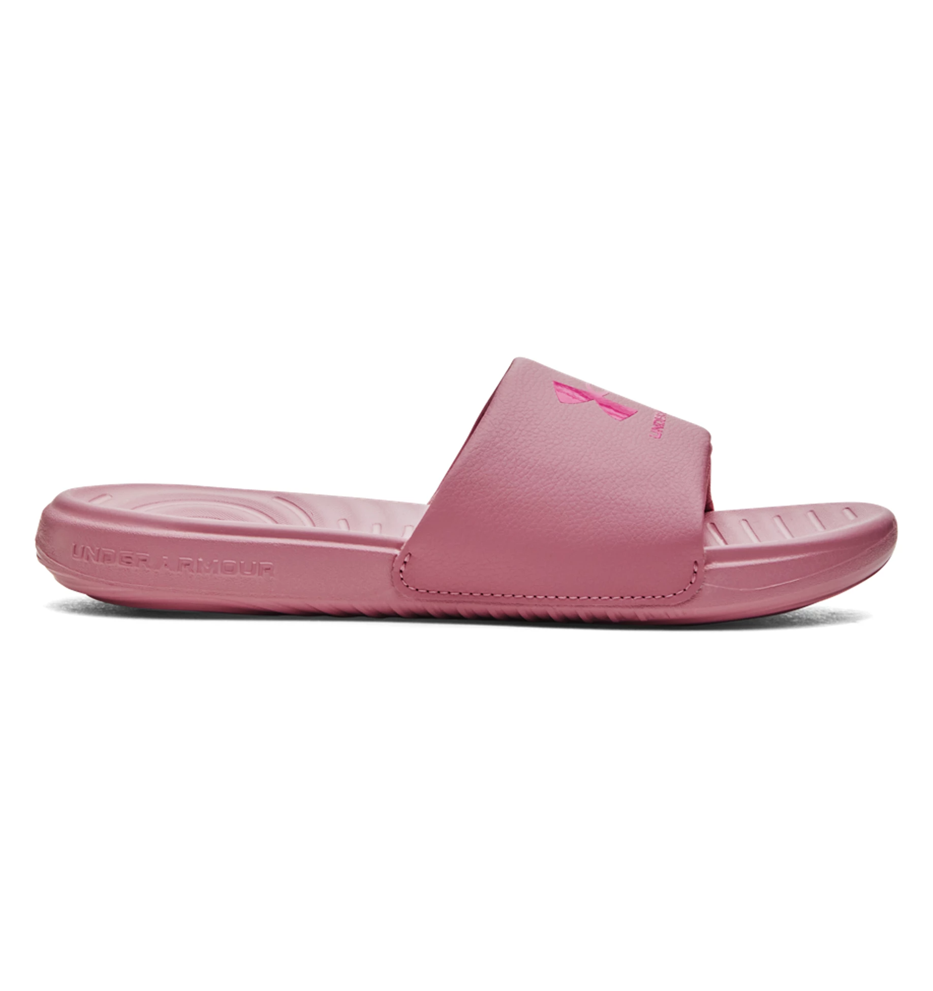 Under Armour Women's UA Ansa Fixed Slides in pink, featuring a comfortable fixed strap and durable EVA outsole for traction.